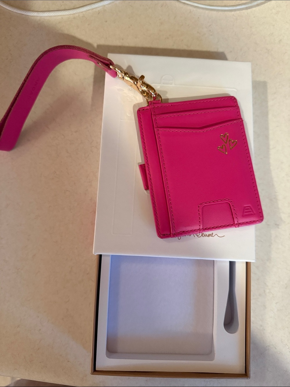 Denner Andar Hot Pink Card Case Wristlet with Gold Hearts NWT